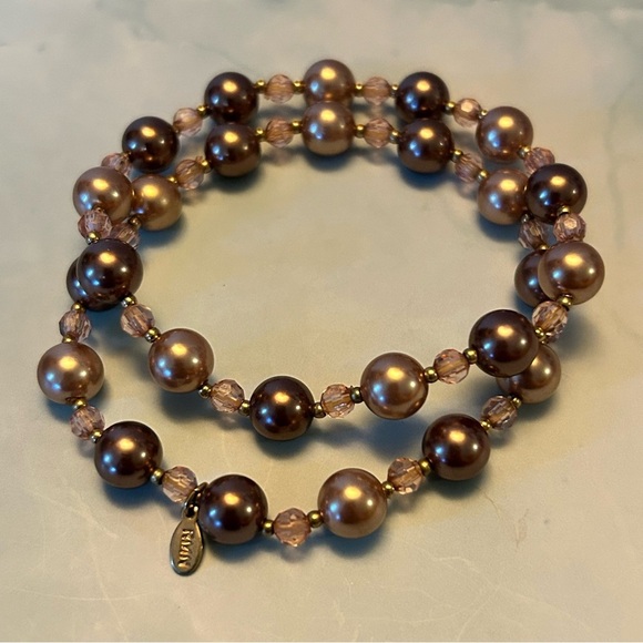 Luxurious Champagne and Brown Faux Pearl Stretch Bracelets by RMN - Picture 1 of 2
